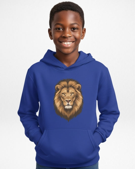 Boys royal blue lion hoodie with lion face graphic, kids animal sweatshirt smiling model studio image