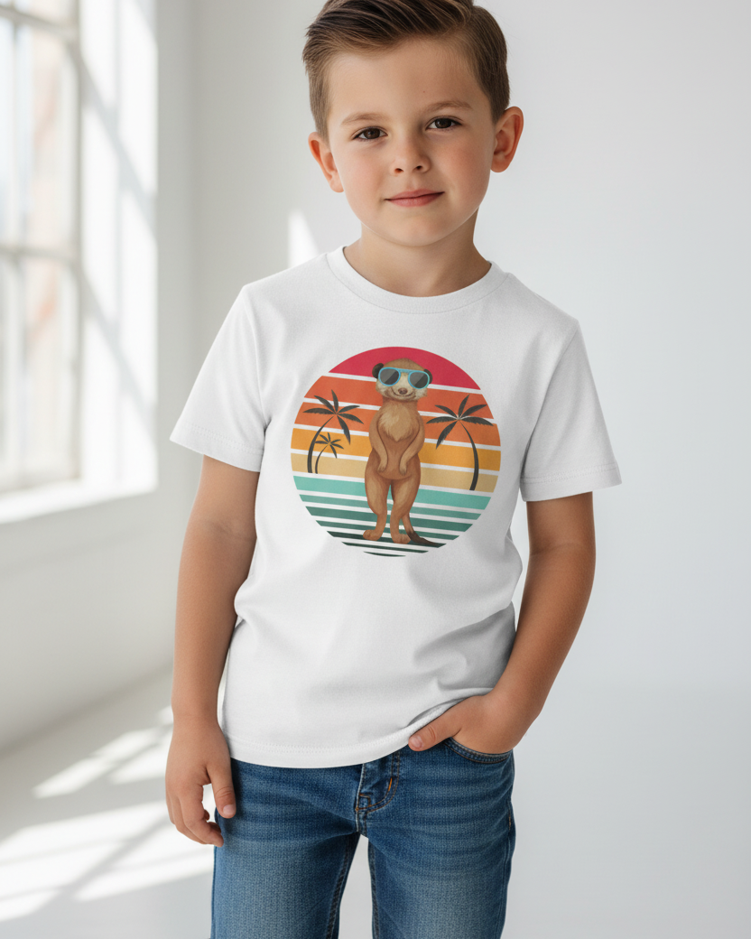 Boy wearing white meerkat graphic kids t-shirt with retro sunset design, modern haircut, relaxed studio pose with natural window light