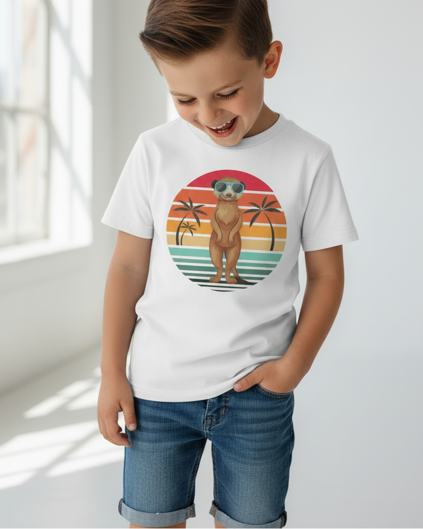 Young boy smiling while wearing white kids meerkat t-shirt with colourful sunset print, semi close-up studio photography, soft natural lighting