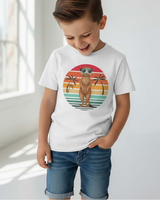 Young boy smiling while wearing white kids meerkat t-shirt with colourful sunset print, semi close-up studio photography, soft natural lighting