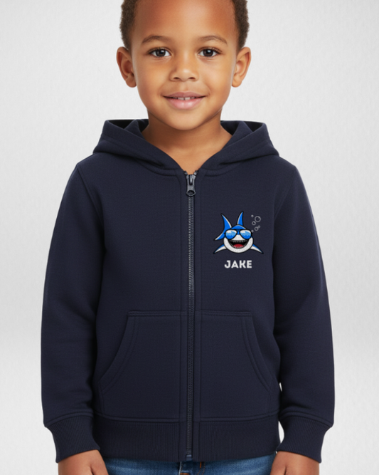 Boy wearing personalised shark zip hoodie with sunglasses design, kids casual outfit outdoors