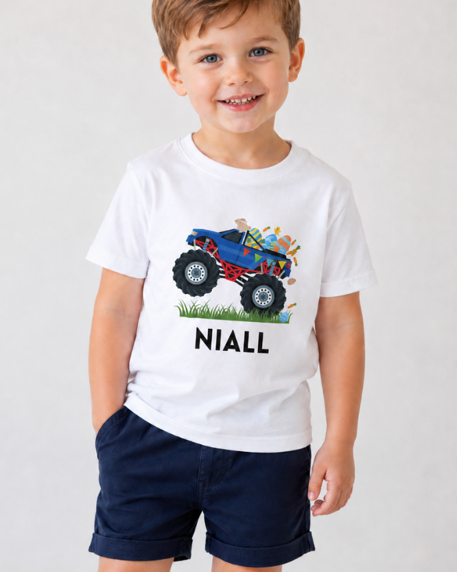 Boy modelling personalised Easter monster truck T-shirt with navy shorts