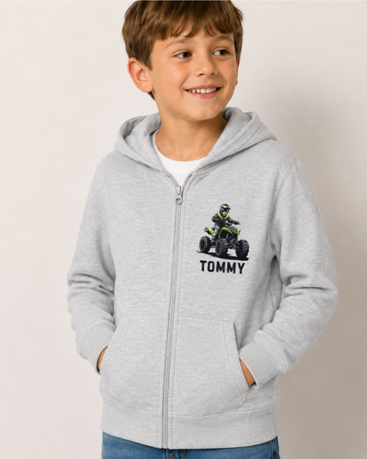 Boy wearing heather grey personalised quad bike zip hoodie with custom name, kids motorbike hoodie UK