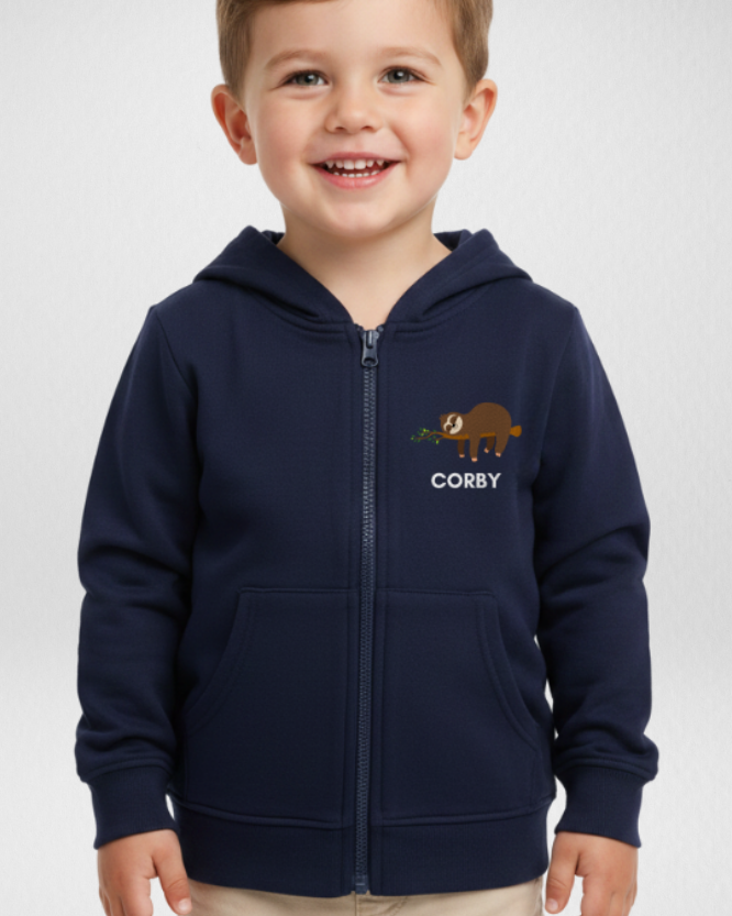 Little boy wearing a navy blue hoodie with a cute sleeping sloth graphic with custom name 'Corby' printed underneath.