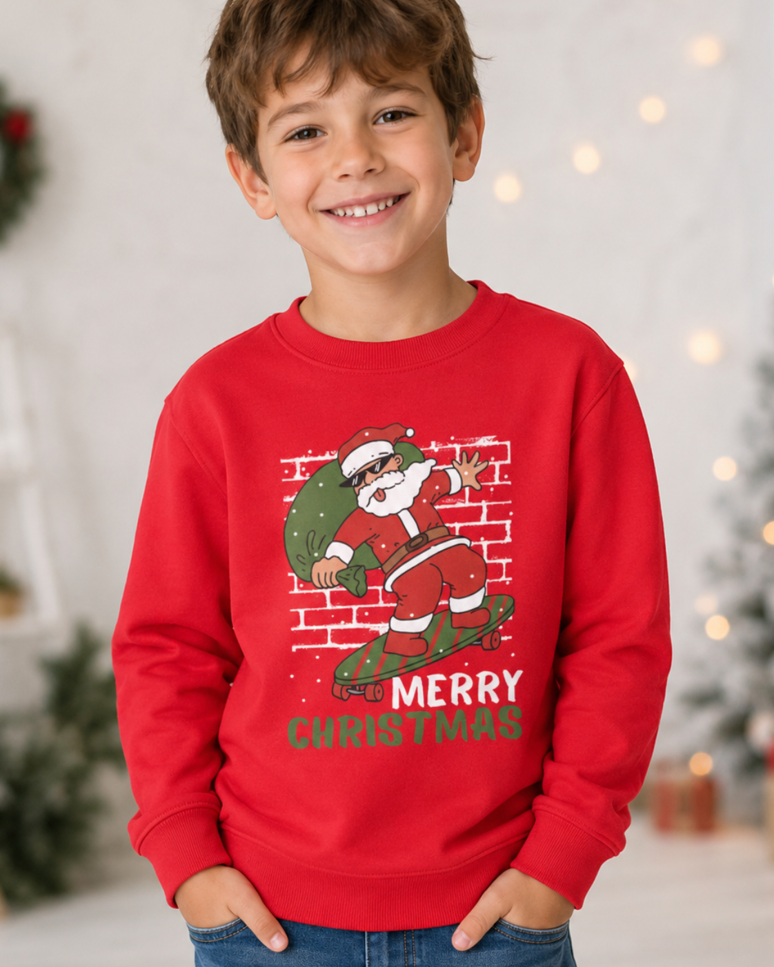 A smiling young boy wearing a bright red long-sleeve crewneck sweatshirt with a festive graphic of Santa Claus carrying a green sack against a brick wall, with 'MERRY CHRISTMAS' printed below. He is wearing blue jeans and standing in a softly blurred holiday-themed room with a Christmas tree and warm string lights in the background.
