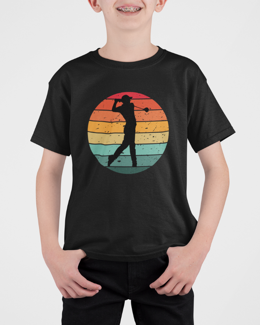 Boy wearing black kids retro golf t-shirt with vintage sunset golfer design front view