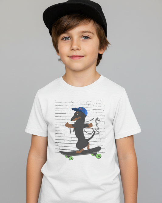 Boy modelling white skateboarding dog t shirt, kids graphic tee with dachshund skateboard design, studio image