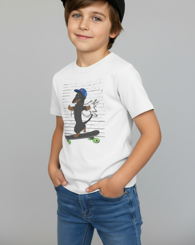 Side view of boys white skateboard dachshund t shirt, kids cotton graphic tee studio product photo