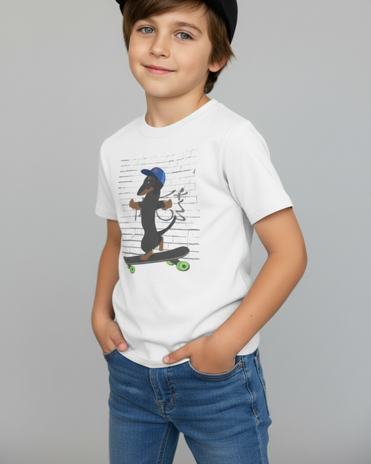 Side view of boys white skateboard dachshund t shirt, kids cotton graphic tee studio product photo