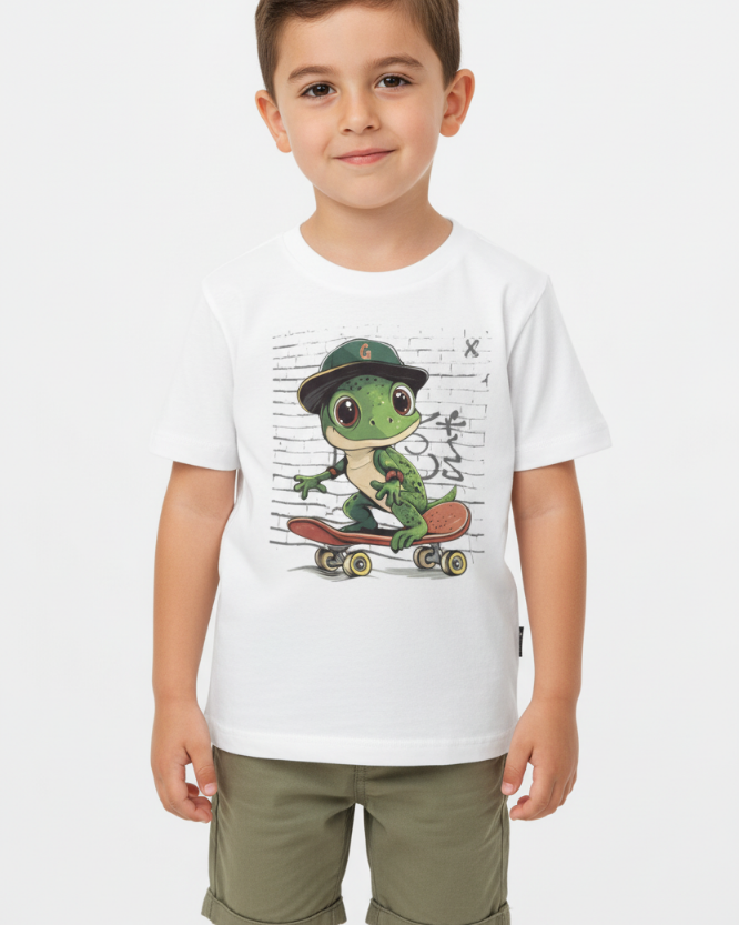 Young boy wearing kids gecko skateboard t-shirt, cute reptile skater design for children, casual boys outfit