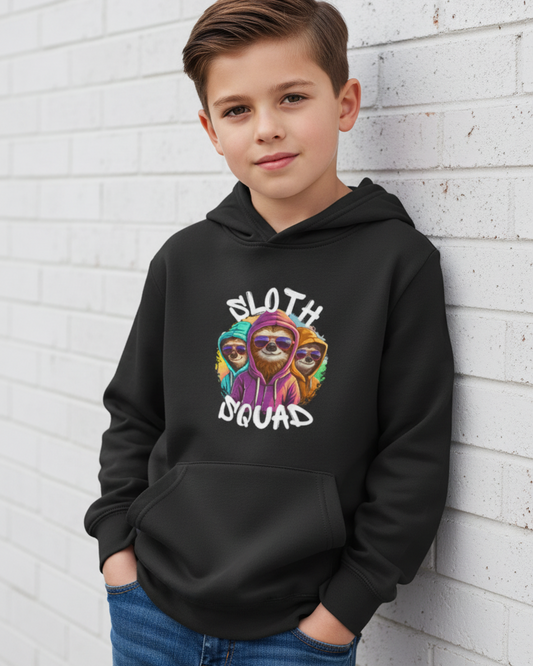 Boy modelling black Sloth Squad kids hoodie with colourful sloth graphic and kangaroo pocket against white brick wall.