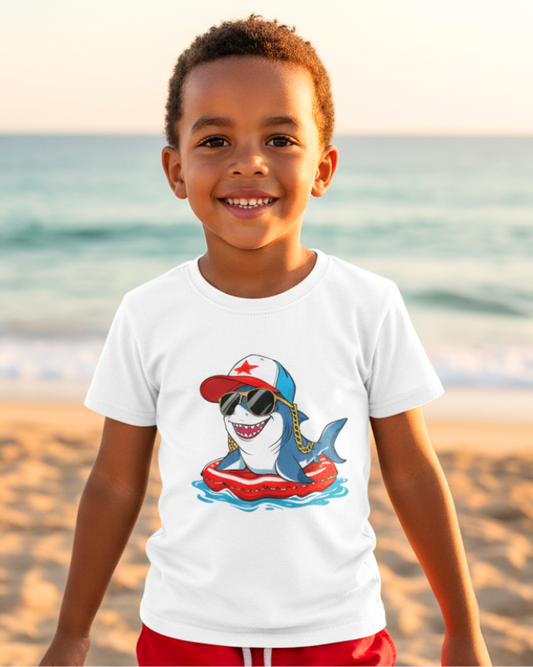 Smiling young boy wearing white shark graphic t-shirt on the beach, lightweight summer kids tee