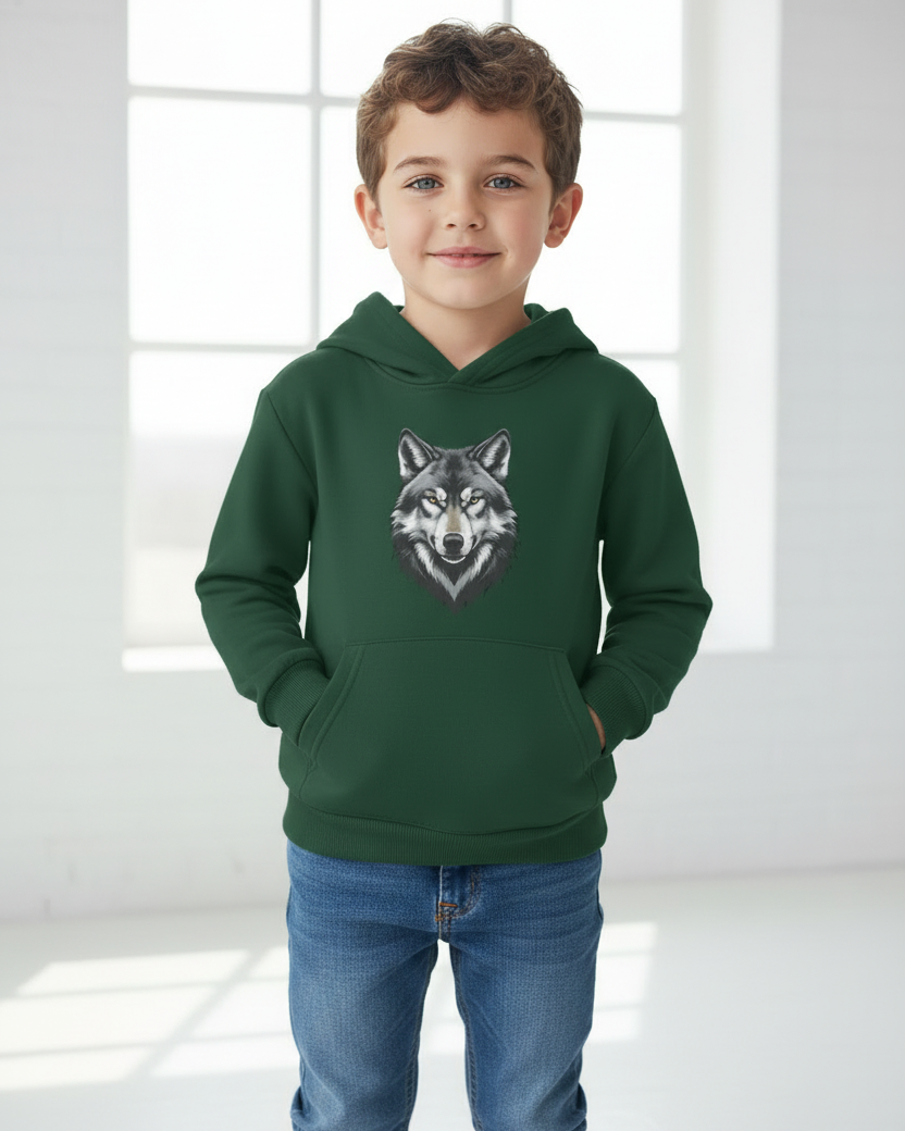 Boy modelling dark green kids hoodie with wolf graphic, full length studio photo with jeans, front view pullover hoodie
