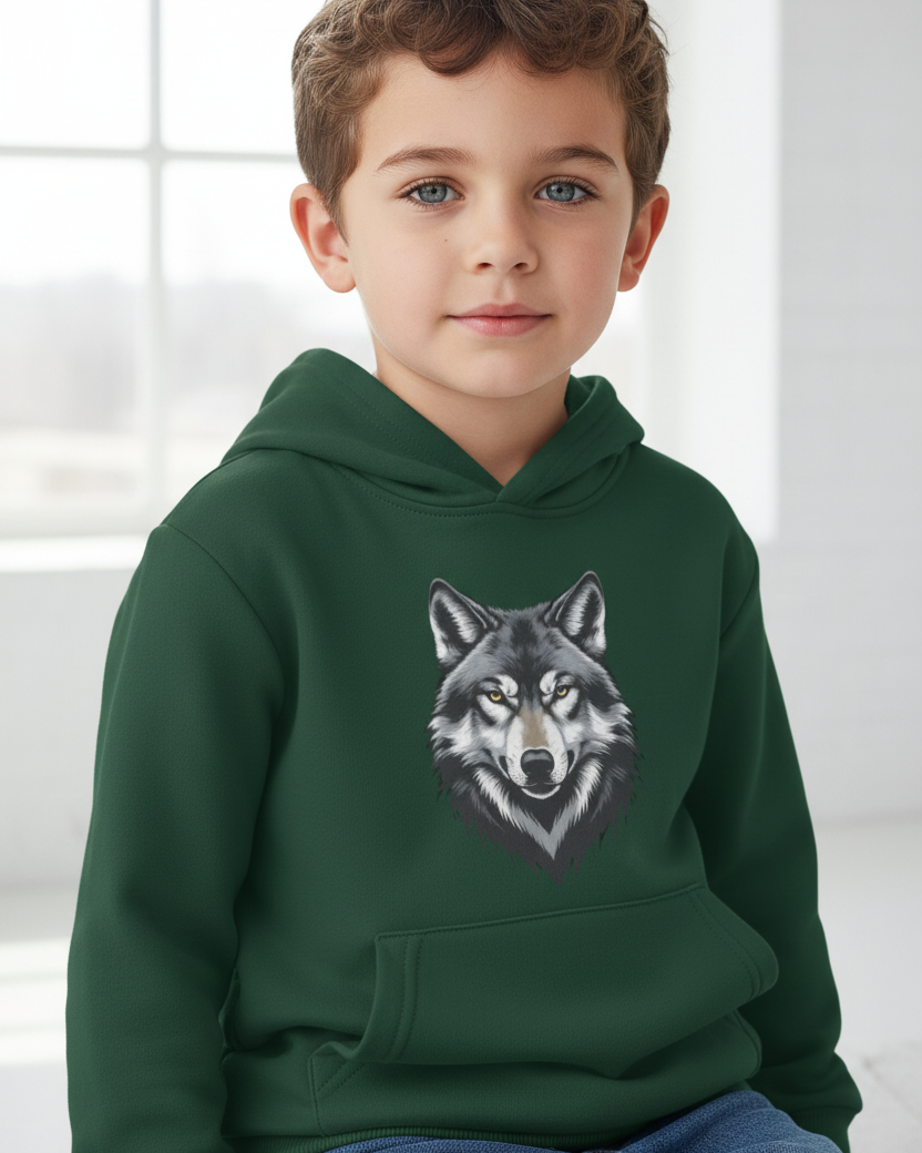 Close-up of child wearing dark green wolf graphic hoodie, kids pullover sweatshirt with front pocket, bright studio background