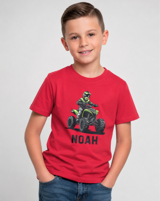 Boys personalised quad bike t-shirt featuring a green ATV rider graphic and custom name design
