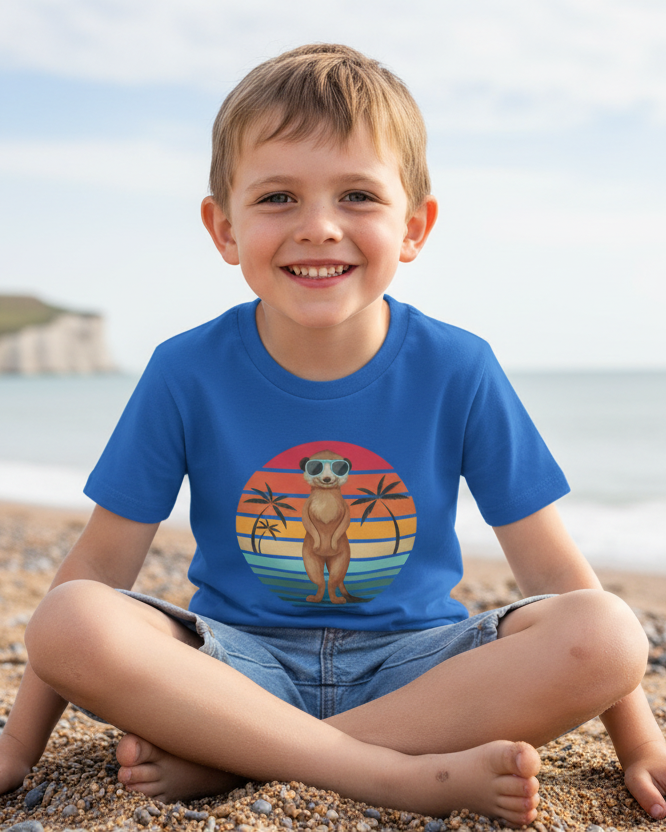 Smiling boy sitting on beach wearing royal blue meerkat graphic t-shirt with retro sunset design, summer kids outfit lifestyle photography
