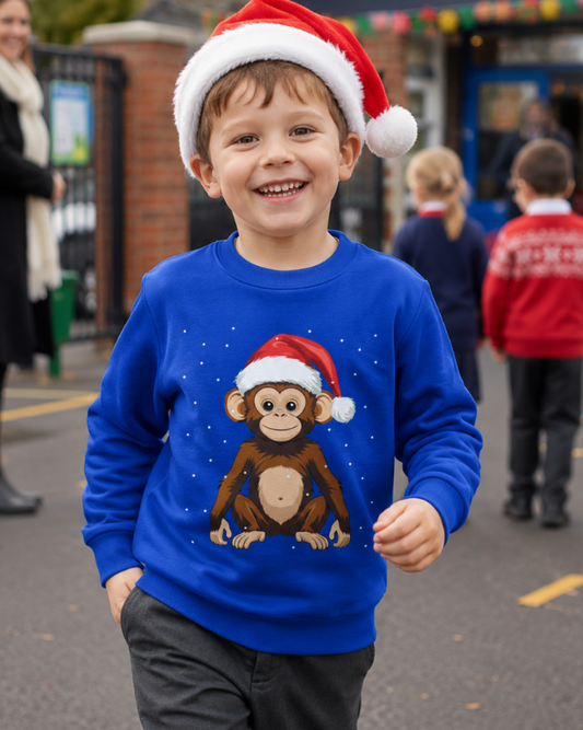 5 year old boy wearing royal blue Christmas monkey sweatshirt and Santa hat in a school playground.