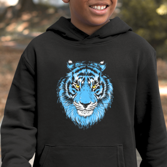 Unisex Kids Blue Tiger Head Pullover Hoodie  | 3 - 13 years