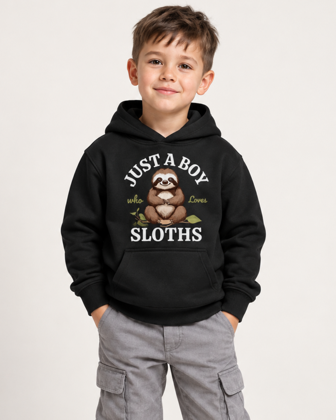 5-year-old boy wearing a black Just a Boy Who Loves Sloths hoodie with light-grey cargo trousers.