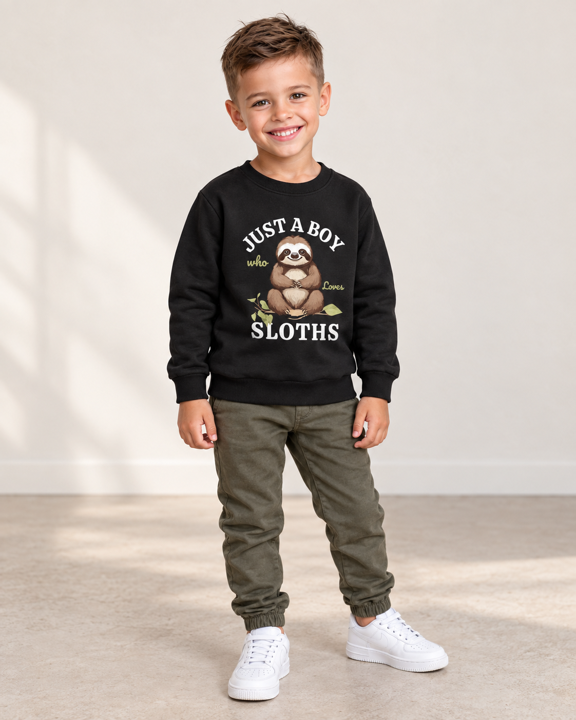 5-year-old boy wearing a black Just a Boy Who Loves Sloths sweatshirt with khaki-green joggers.