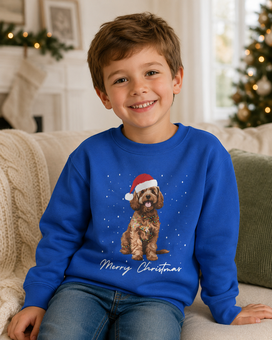 A smiling young boy wearing a royal blue crewneck sweatshirt with a graphic of a brown cockapoo dog wearing a Santa hat and the text 'Merry Christmas' underneath, sitting on a couch in a cozy living room.