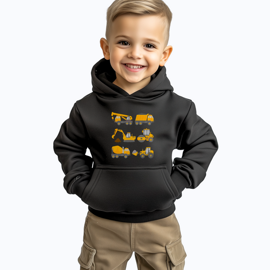 Child wearing a black hoodie with construction vehicle graphics on a white background