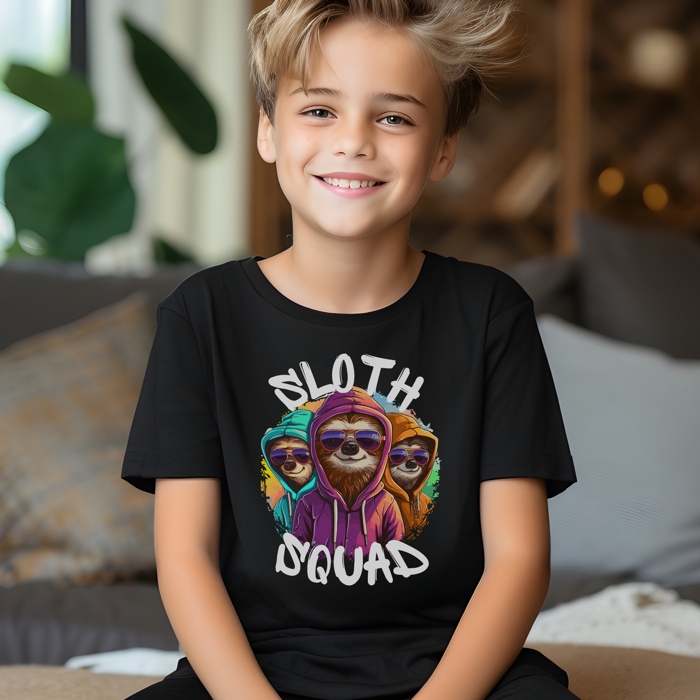 Boy wearing a Sloth Squad graphic T-shirt  in black. Featuring three sloths in colourful hoodies and sunglasses.