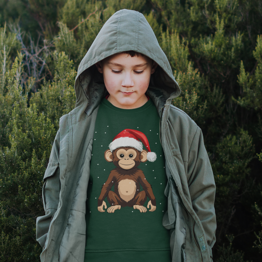 A young boy wearing a green jumper with a Christmas-themed monkey design, styled under a green jacket with hood up in a forest setting