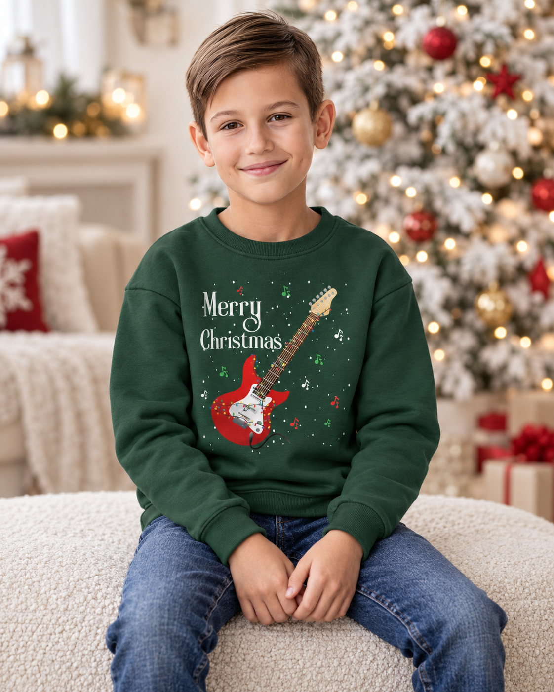 8-year-old boy wearing a dark-green electric guitar Christmas jumper beside a frosted tree with warm festive lights.