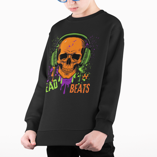 Boy wearing black “Dead Beats” skull headphones kids jumper with graffiti style graphic, casual streetwear for children