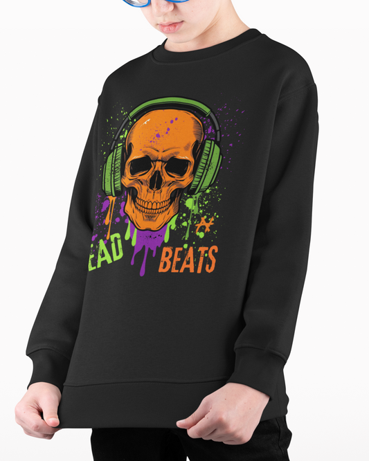 Boy wearing black “Dead Beats” skull headphones kids jumper with graffiti style graphic, casual streetwear for children