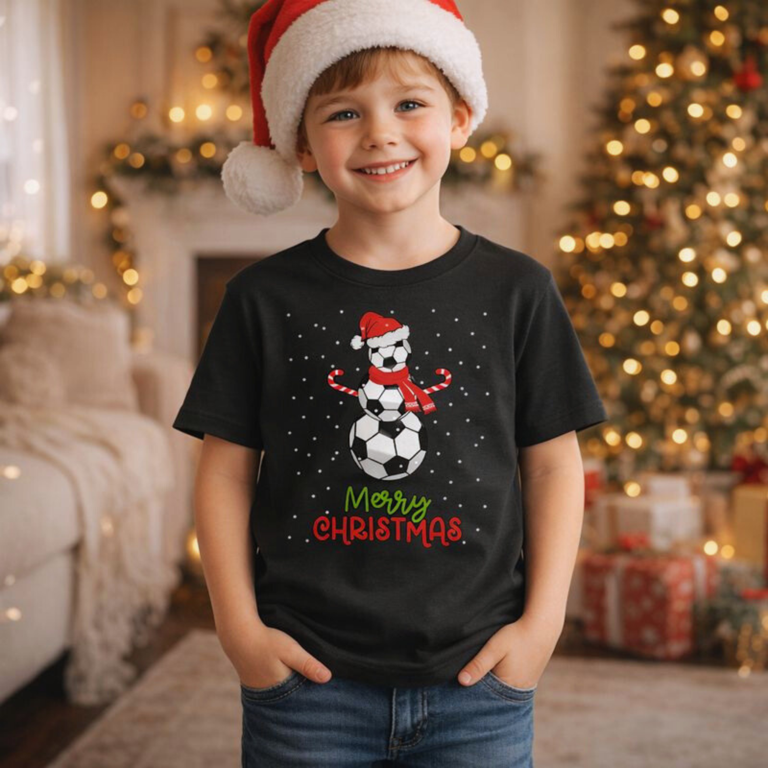 Child wearing a black Christmas-themed t-shirt with a snowman design and 'Merry Christmas' text, standing in a festive room with a Christmas tree and decorations.