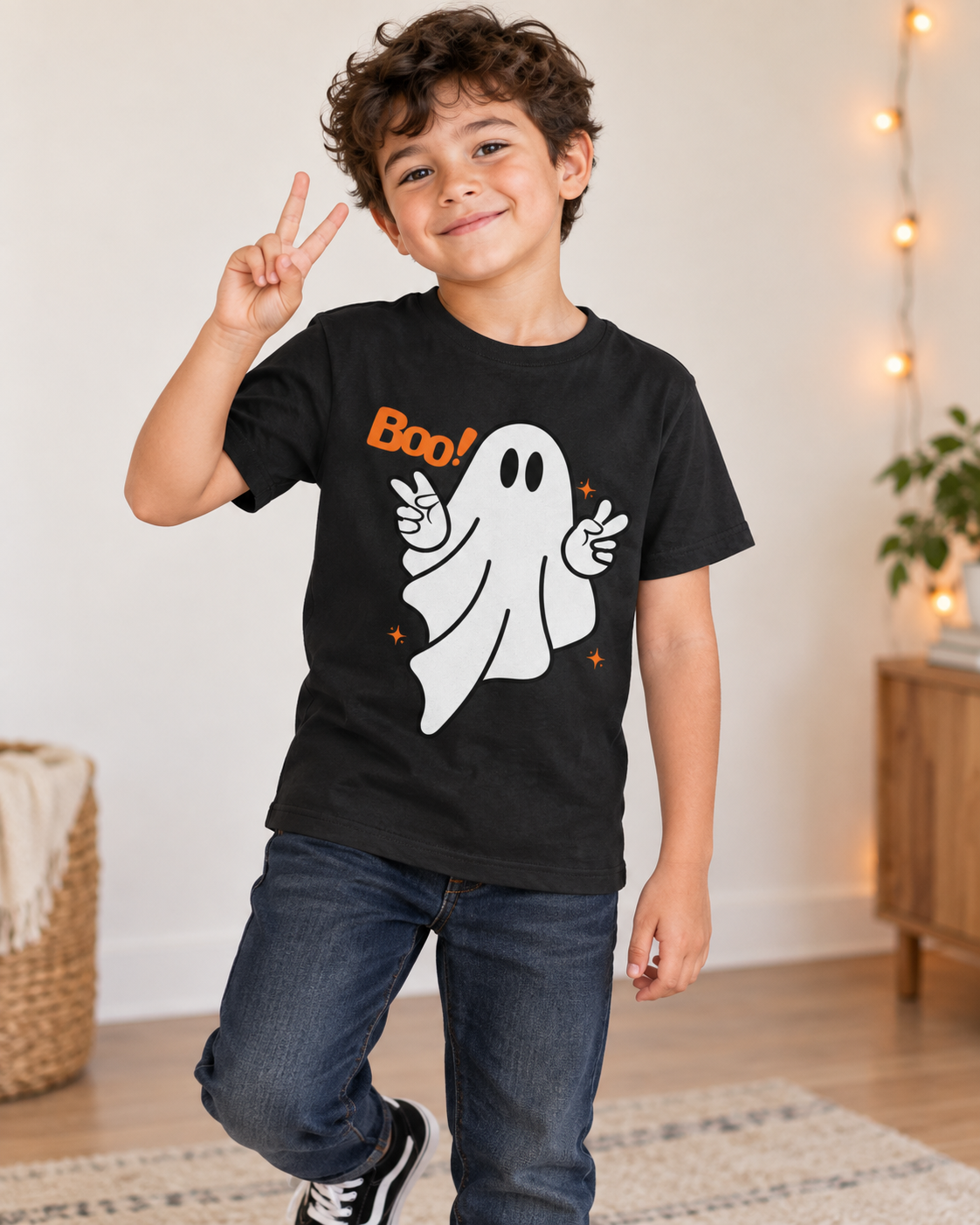 Boy wearing a black Halloween T-shirt with a white peace-sign ghost, orange “Boo!” lettering and orange stars.