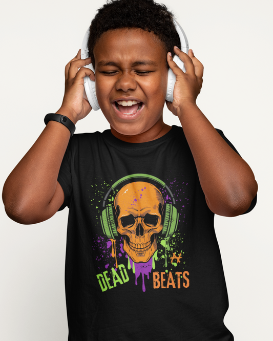Boy modelling kids “Dead Beats” skull headphones cotton t-shirt in black, urban graffiti music design