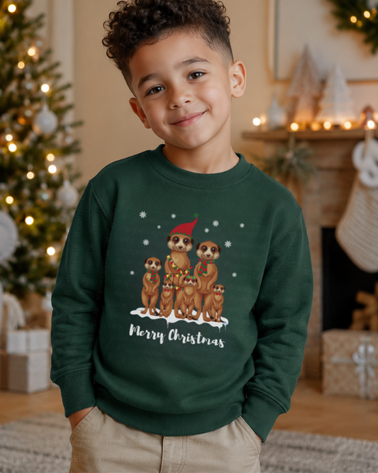 Child wearing a green Christmas-themed sweatshirt with meerkats and 'Merry Christmas' text, standing in a festive room.