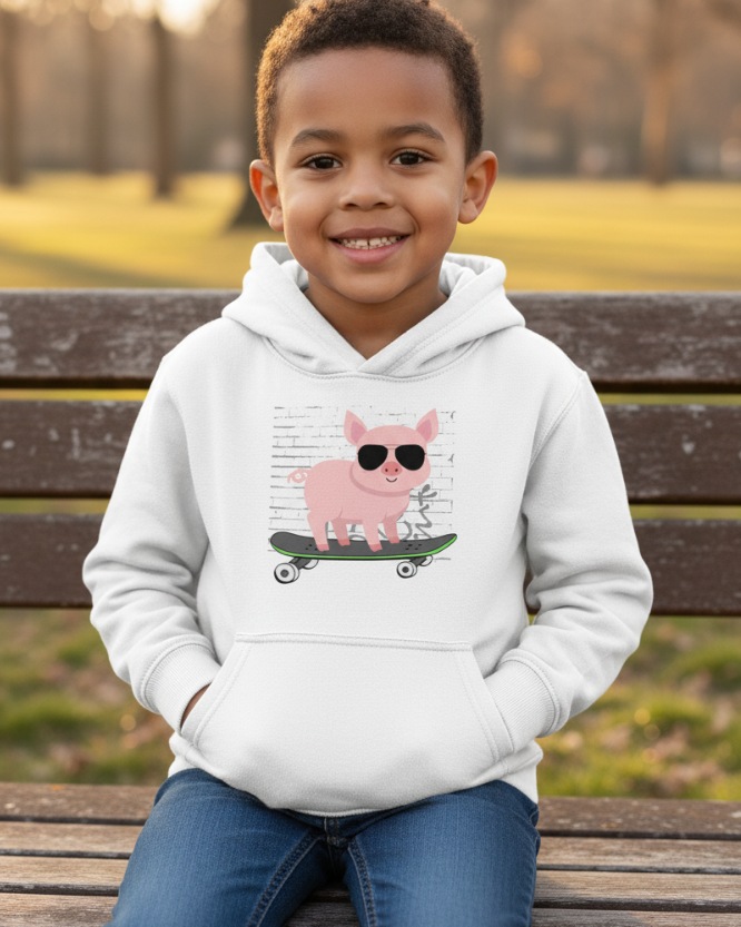 Young boy wearing a white kids pullover hoodie with a cool skateboarding pig design, styled outdoors on a wooden park bench.