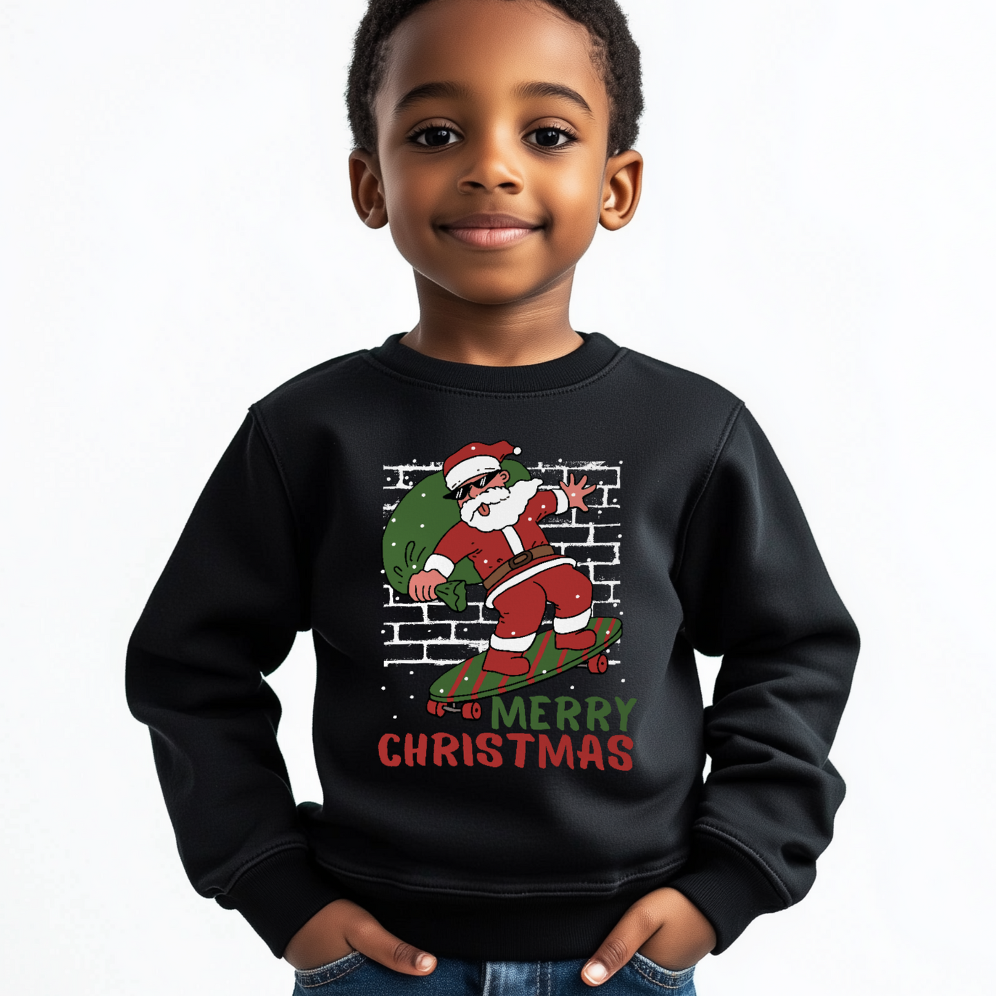 Child wearing a black sweatshirt with a festive design of Santa Claus on a skateboard and 'Merry Christmas' text.