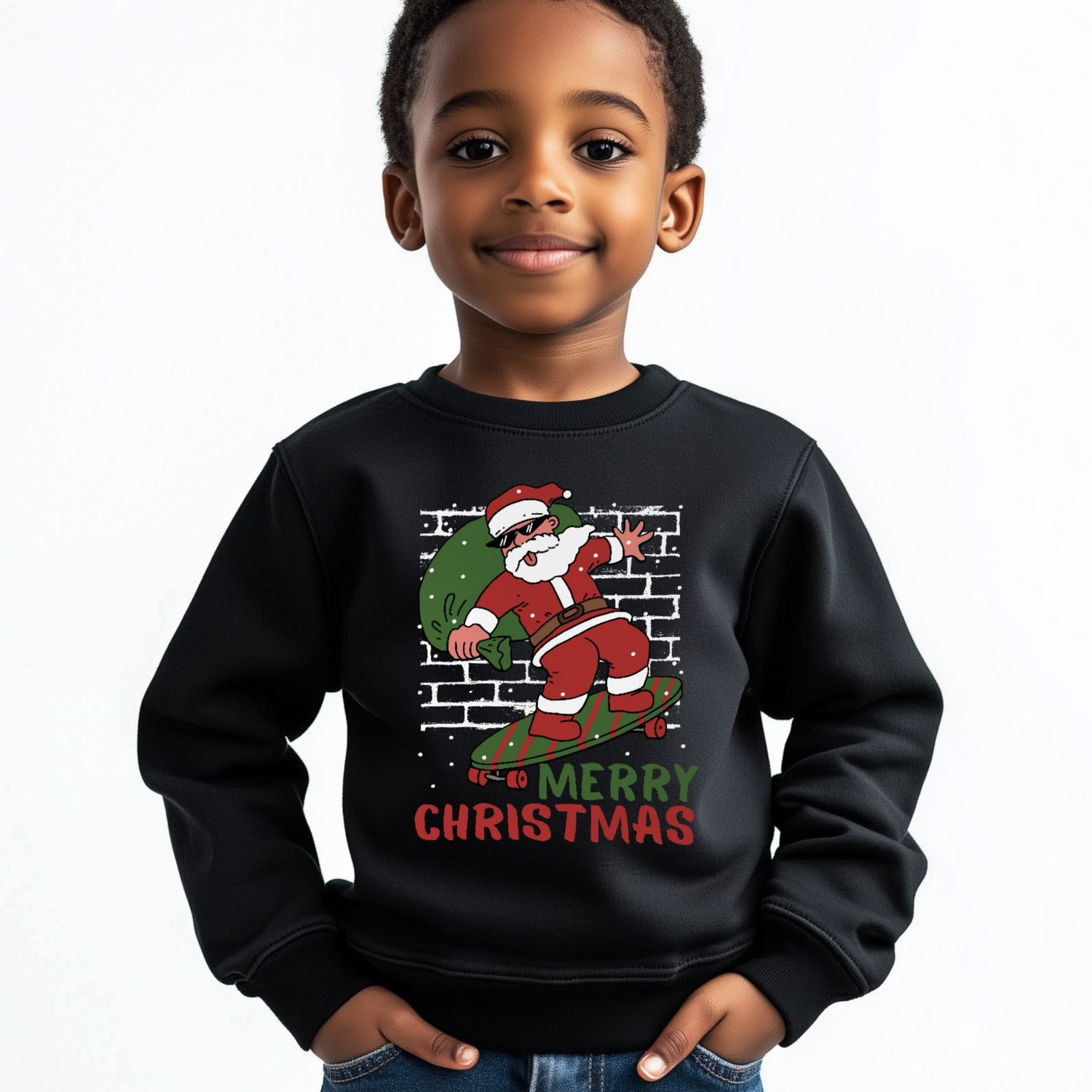 Child wearing a black sweatshirt with a festive design of Santa Claus on a skateboard and 'Merry Christmas' text.