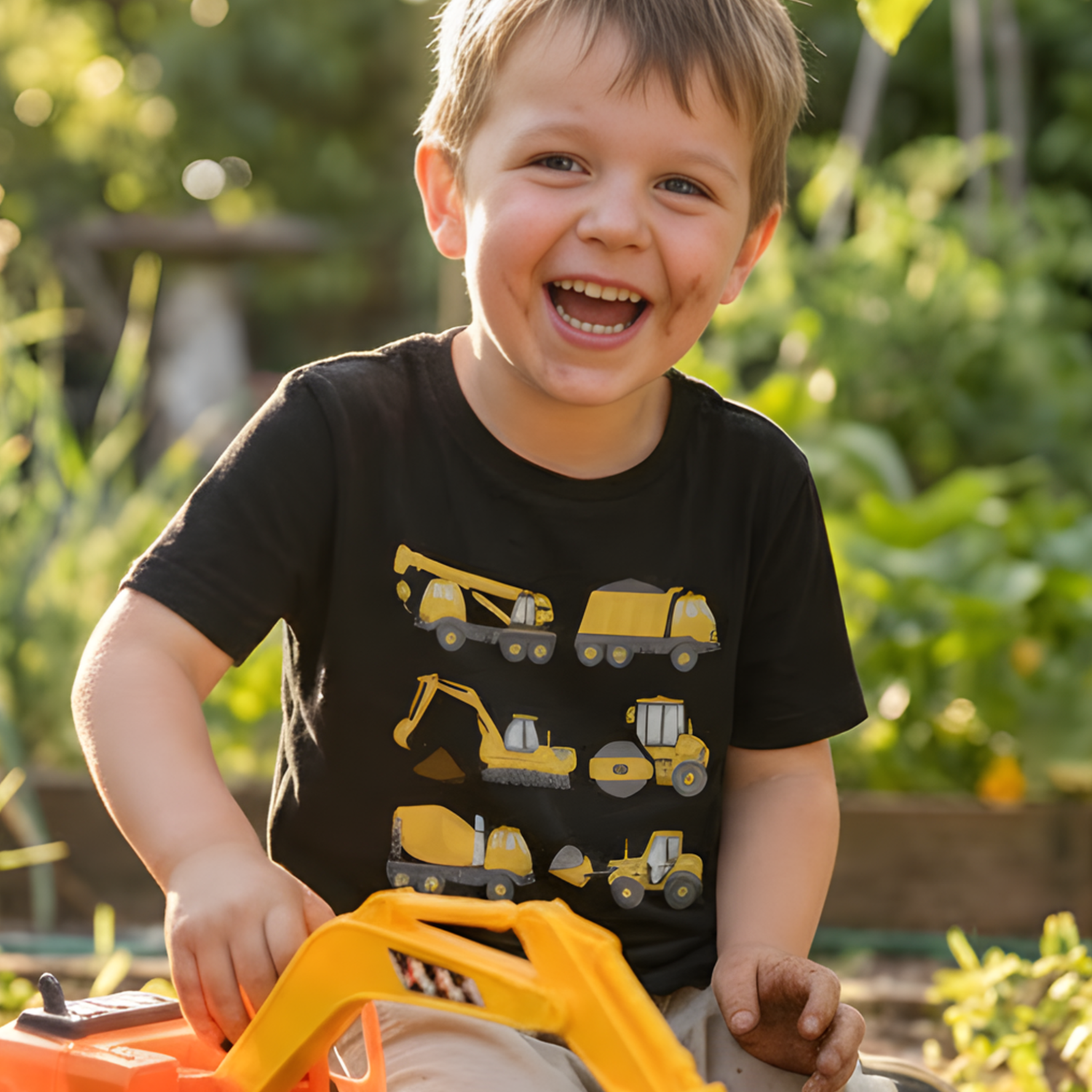 Child wearing a construction vehicle t-shirt playing with a toy digger outdoors