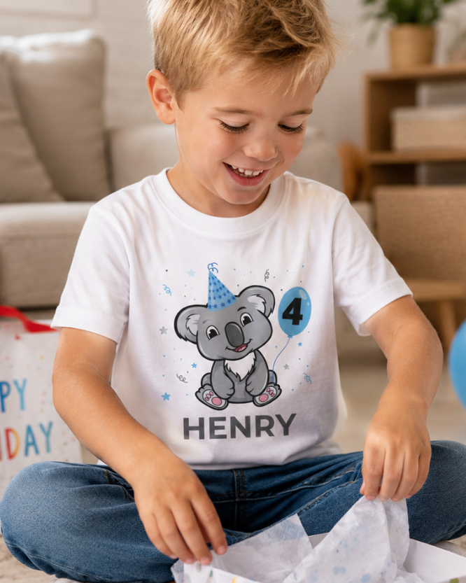 4 year old boy wearing personalised koala birthday T-shirt with name Henry and blue number 4 balloon