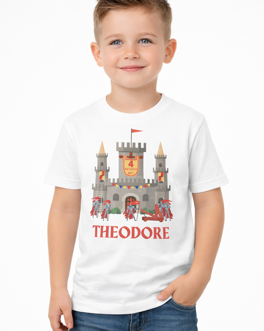 Personalised 4th birthday castle t-shirt for boys with knights graphic and custom name Theodore, white kids birthday party outfit