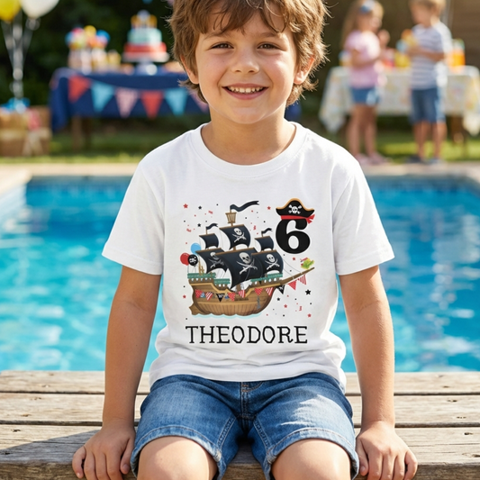 Boy wearing a personalised pirate ship birthday t-shirt with number 6, smiling at a pool party background with balloons.