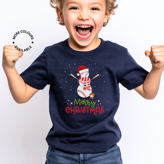Child wearing a navy blue Christmas-themed t-shirt with a snowman design and 'Merry Christmas' text.