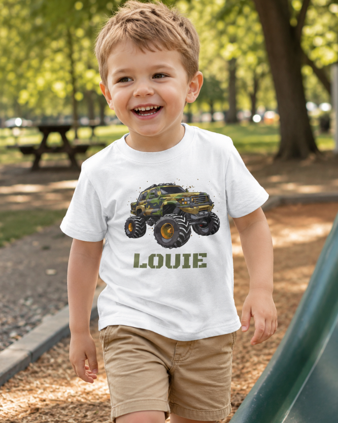 Happy child wearing a camo monster truck white t-shirt with personalised name print in a sunny park