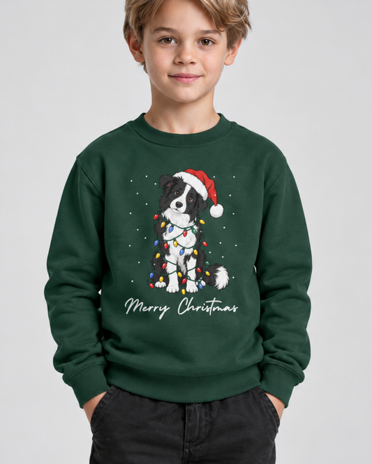 A young boy wearing a dark green crewneck sweatshirt with a festive graphic of a black and white dog wearing a red Santa hat and wrapped in colourful Christmas lights, with 'Merry Christmas' written below.