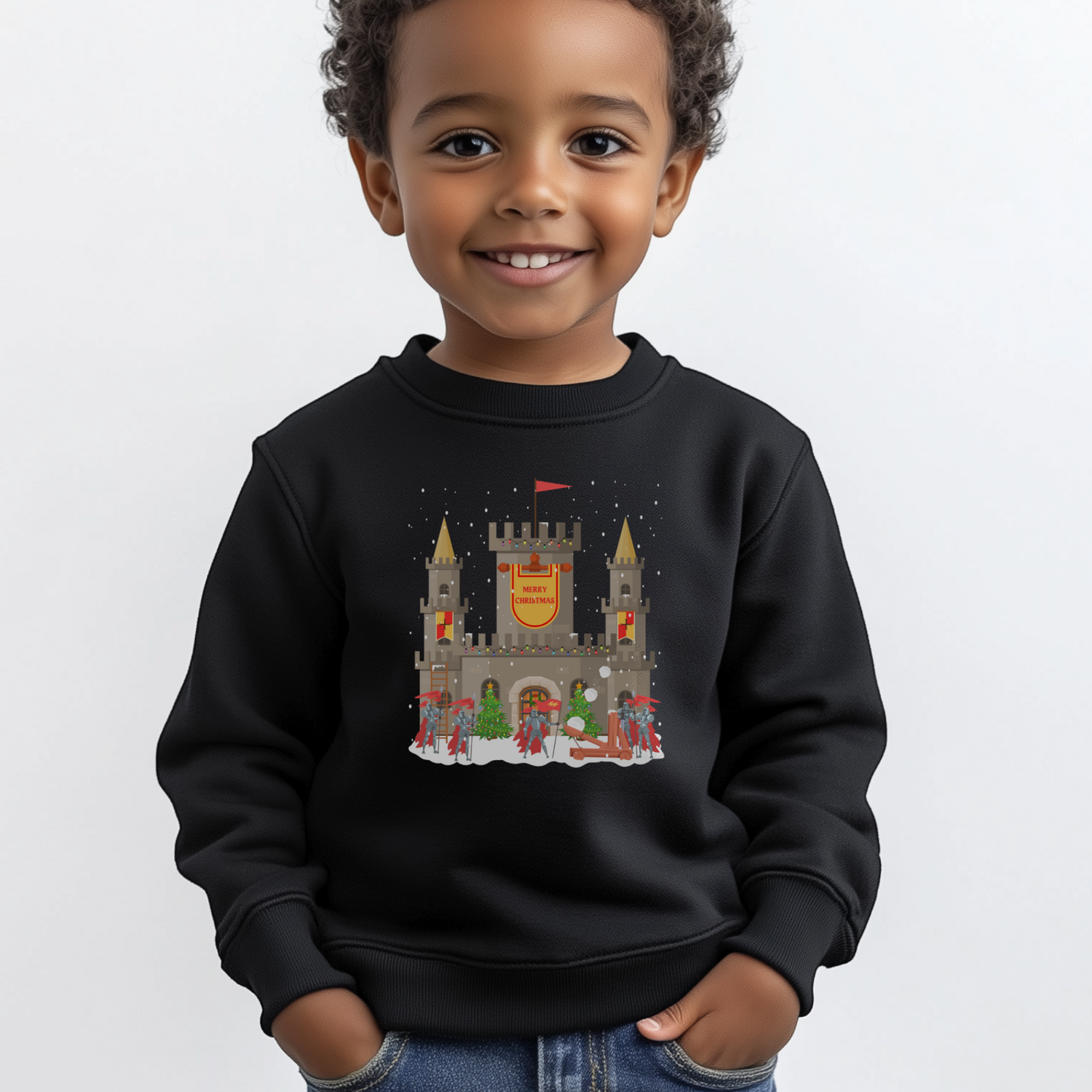 A young boy wearing a black Christmas sweatshirt with a festive castle and knights design on a white background