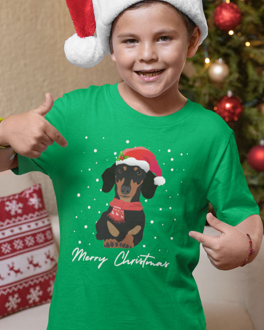 Boy wearing Kelly green Christmas dachshund t-shirt with Santa hat design