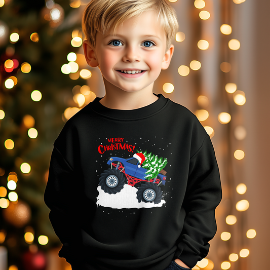 Young boy wearing black Christmas monster truck sweatshirt with tree and Santa hat design, festive kids holiday outfit