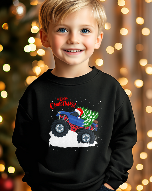 Young boy wearing black Christmas monster truck sweatshirt with tree and Santa hat design, festive kids holiday outfit