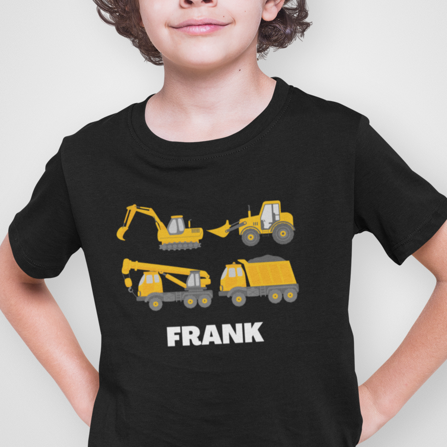 A personalised kids black t-shirt with different printed diggers 